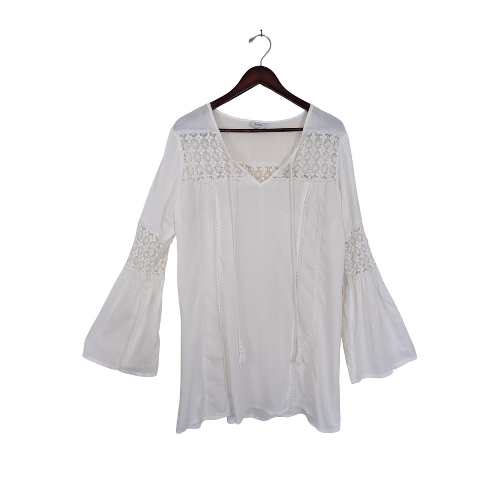 Raviya White Crochet‎ Lace Boho Bell Sleeve Tunic Top Women Medium